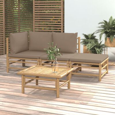 vidaXL 4 pcs conj. lounge jardim bambu c/ almofadões cinza-acastanhado