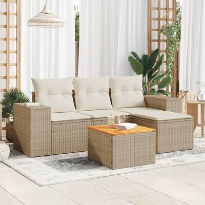 vidaXL 5 pcs conjunto de sofás p/ jardim com almofadões vime PE bege