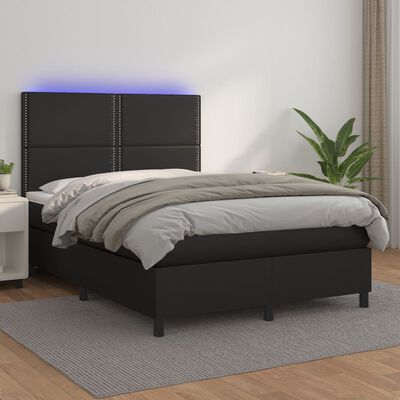 vidaXL Cama box spring c/ colchão/LED 140x200cm couro artificial preto