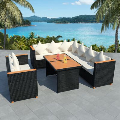 vidaXL 5 pcs conjunto lounge de jardim c/ almofadões vime PE preto