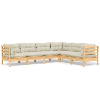 vidaXL 6 pcs conjunto lounge jardim c/ almofadões creme pinho maciço