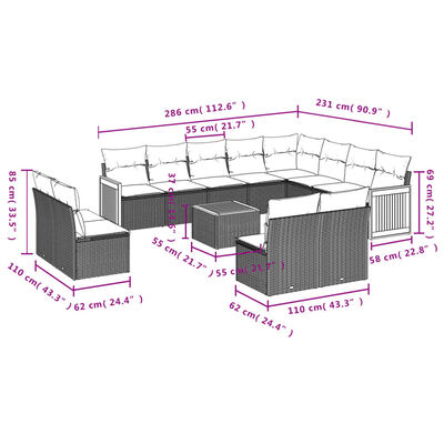 vidaXL 13 pcs conjunto de sofás de jardim com almofadões vime PE preto