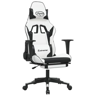 vidaXL Cadeira gaming c/ apoio p/ pés couro artificial preto e branco