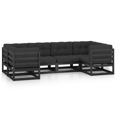 vidaXL 6pcs conjunto longue de jardim c/ almofadões pinho maciço preto