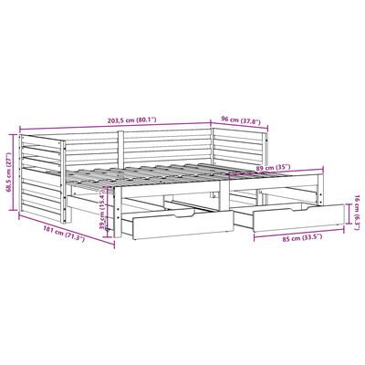 vidaXL Sofá-cama c/ gavetas 90x200cm madeira de pinho maciça branco