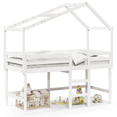 vidaXL Cama alta c/ escada e telhado 80x200 cm pinho maciço branco