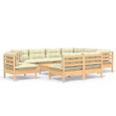 vidaXL 10 pcs conjunto lounge jardim c/ almofadões creme pinho maciço