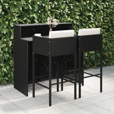 vidaXL 3 pcs conjunto de bar para jardim com almofadões vime PE preto