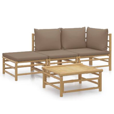 vidaXL 4 pcs conj. lounge jardim bambu c/ almofadões cinza-acastanhado