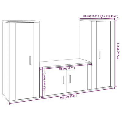 vidaXL 3 pcs conjunto móveis de TV madeira processada branco brilhante