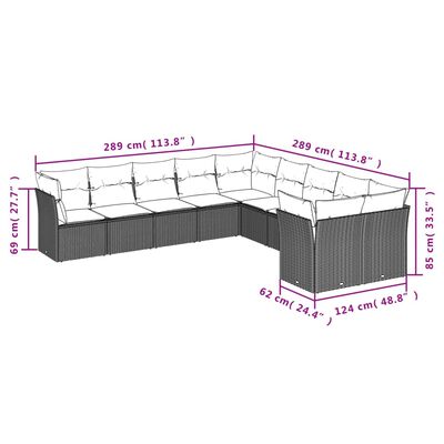 vidaXL 10 pcs conjunto sofás de jardim c/ almofadões vime PE preto