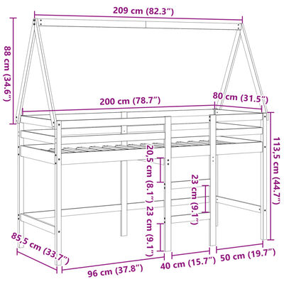 vidaXL Cama alta c/ escada e telhado 80x200 cm pinho maciço branco