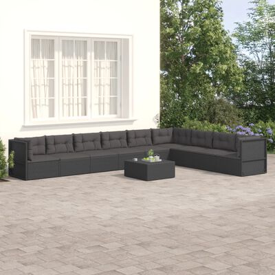 vidaXL 9 pcs conjunto lounge de jardim c/ almofadões vime PE preto