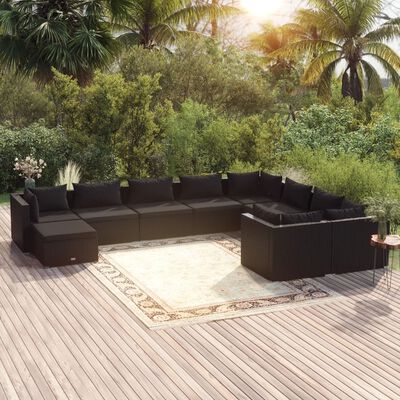 vidaXL 10 pcs conjunto lounge de jardim c/ almofadões vime PE preto