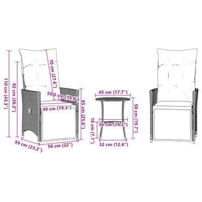 vidaXL 3 pcs conjunto de bistrô com almofadões vime PE preto