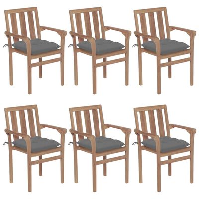 vidaXL Cadeiras de jardim empilháveis c/ almofadões 6 pcs teca maciça