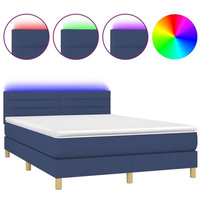 vidaXL Cama box spring c/ colchão e LED 140x190 cm tecido azul