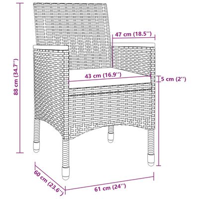 vidaXL 3 pcs conjunto de jantar p/ jardim c/ almofadões vime PE/vidro