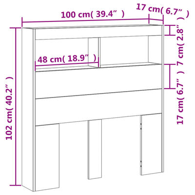 vidaXL Armário de cabeceira c/ luzes LED 100x17x102cm cinzento cimento