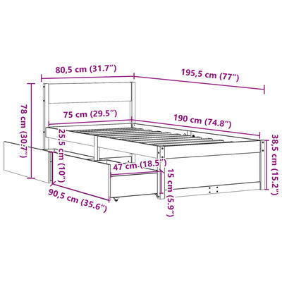 vidaXL Cama sem colchão 75x190 cm madeira de pinho maciça branco