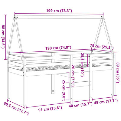 vidaXL Cama alta com telhado 75x190 cm pinho maciço castanho-mel