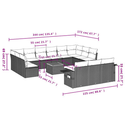 vidaXL 14 pcs conjunto de sofás p/ jardim c/ almofadões vime PE preto