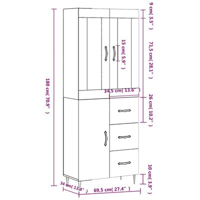 vidaXL Armário alto 69,5x34x180 cm derivados de madeira sonoma cinza