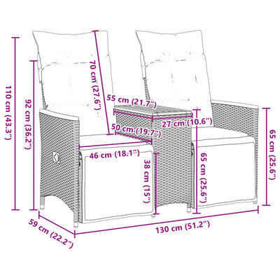 vidaXL Sofá de jardim reclinável 2 lugares com mesa vime PE cinzento