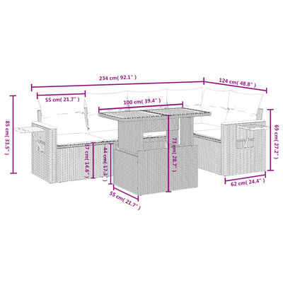 vidaXL 6 pcs conjunto sofás de jardim c/ almofadões vime PE preto