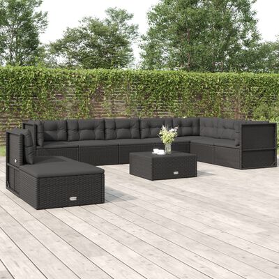 vidaXL 9 pcs conjunto lounge de jardim c/ almofadões vime PE preto