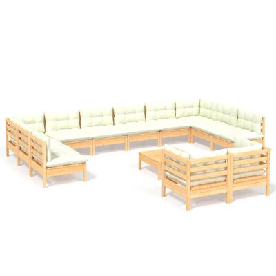 vidaXL 13 pcs conjunto lounge jardim c/ almofadões cor creme pinho