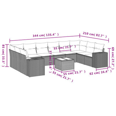 vidaXL 11 pcs conjunto sofás de jardim c/ almofadões vime PE preto