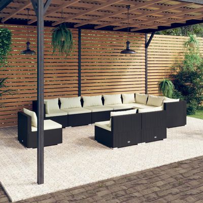 vidaXL 10 pcs conjunto lounge de jardim c/ almofadões vime PE preto