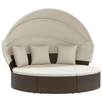 vidaXL Cama lounge de exterior c/ toldo e almofadões vime PE castanho