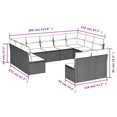 vidaXL 11 pcs conjunto sofás de jardim c/ almofadões vime PE castanho