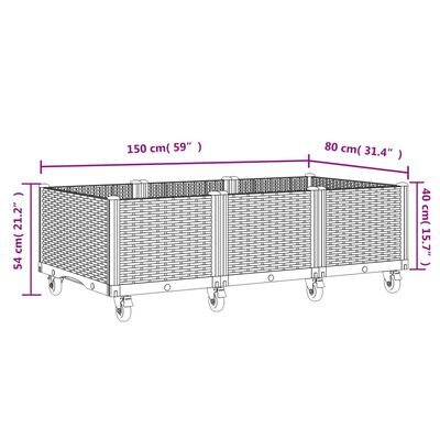 vidaXL Vaso/floreira de jardim c/ rodas 150x80x54 cm PP cinzento-claro