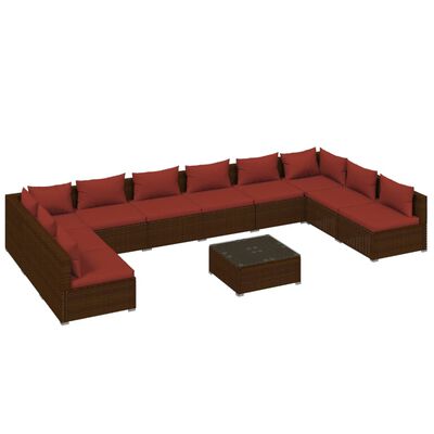 vidaXL 11 pcs conjunto lounge jardim c/ almofadões vime PE castanho