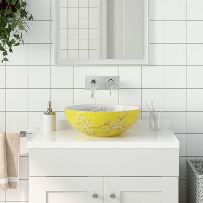 vidaXL Lavatório de bancada redondo Φ41x14 cm cerâmica branco/amarelo