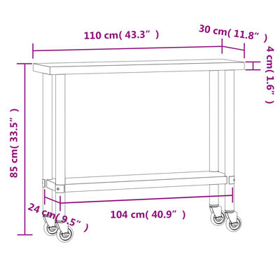 vidaXL Mesa de trabalho de cozinha c/ rodas 110x30x85 cm aço inox.