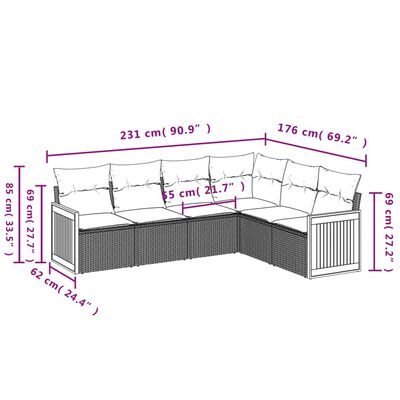 vidaXL 6 pcs conjunto de sofás p/ jardim com almofadões vime PE bege