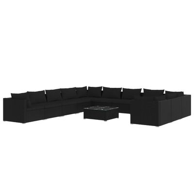 vidaXL 12 pcs conjunto lounge de jardim c/ almofadões vime PE preto