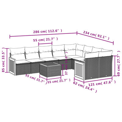 vidaXL 10 pcs conjunto sofás de jardim c/ almofadões vime PE preto