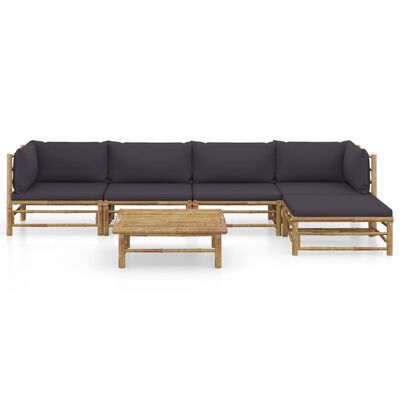 vidaXL 6 pcs conj. lounge jardim em bambu c/ almofadões cinza-escuro