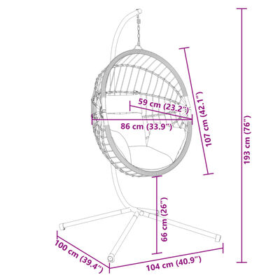 vidaXL Cadeira forma de ovo suspensa c/ suporte vime/aço antracite