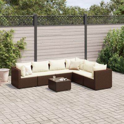 vidaXL 7 pcs conjunto lounge de jardim c/ almofadões vime PE castanho