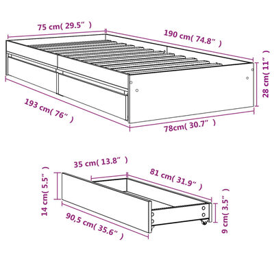 vidaXL Estrutura de cama c/ gavetas derivados madeira cinza sonoma