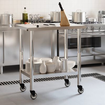 vidaXL Mesa de trabalho de cozinha com rodas 82,5x55x85 cm aço inox.