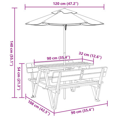 vidaXL Mesa de piquenique para 4 crianças com guarda-sol abeto maciço