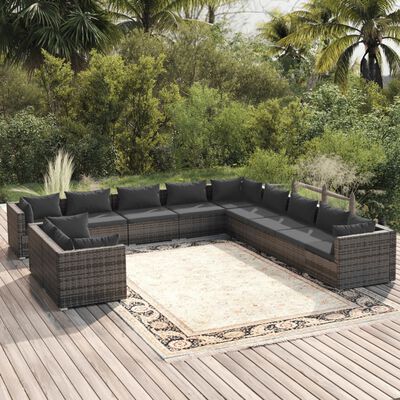 vidaXL 11 pcs conjunto lounge de jardim c/ almofadões vime PE cinzento