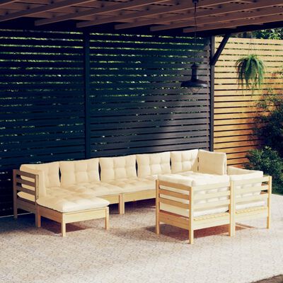 vidaXL 9 pcs conjunto lounge jardim c/ almofadões creme pinho maciço